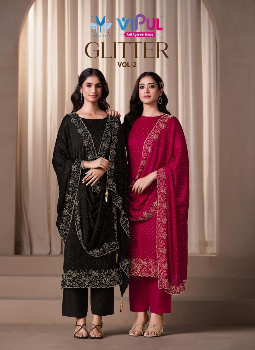 vipul glitter vol 2 series 6531 to 6536 amazing satin chiffon fancy salwar kameez in wholesale surat