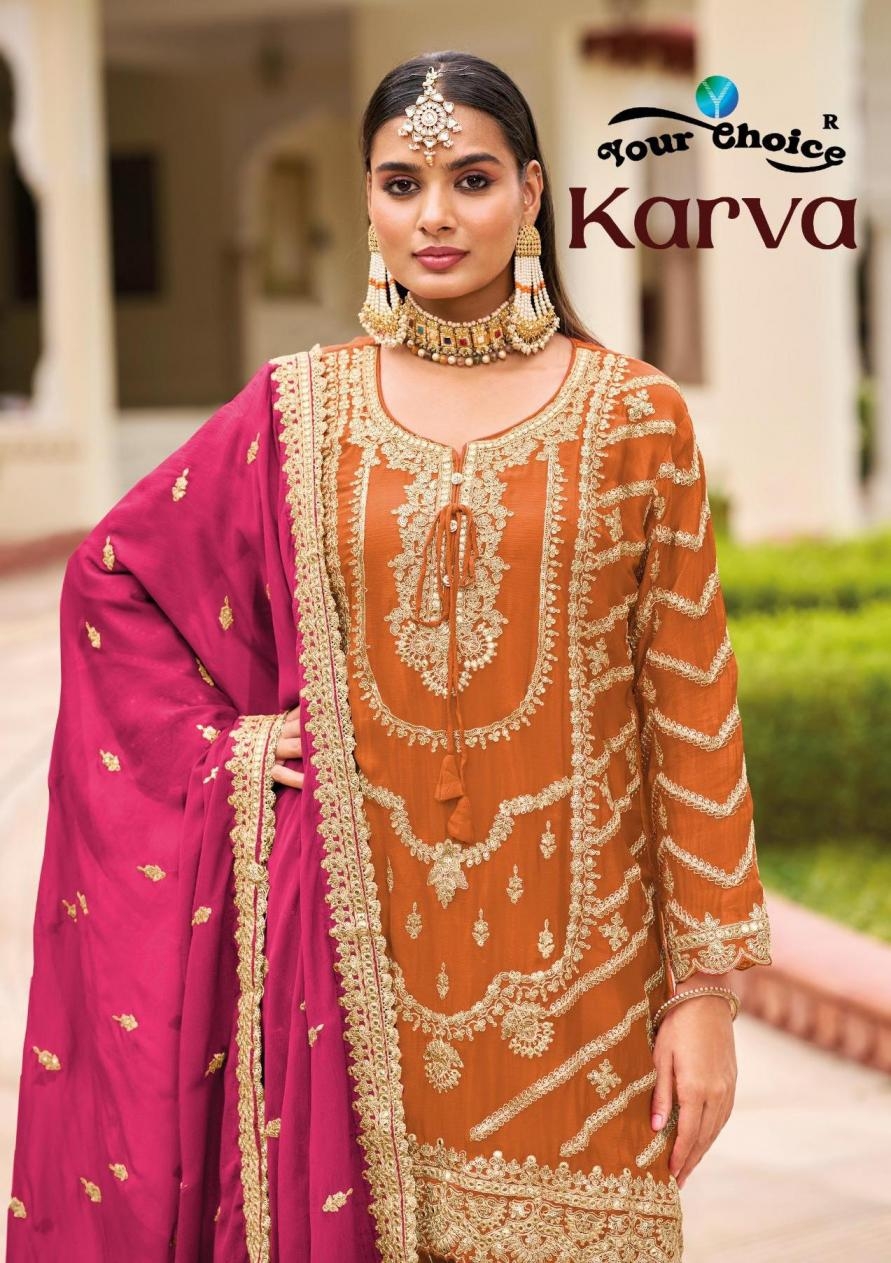 your choice karva series 1001 to 1003 chinon plazzo style readymade designer suit in wholesale surat
