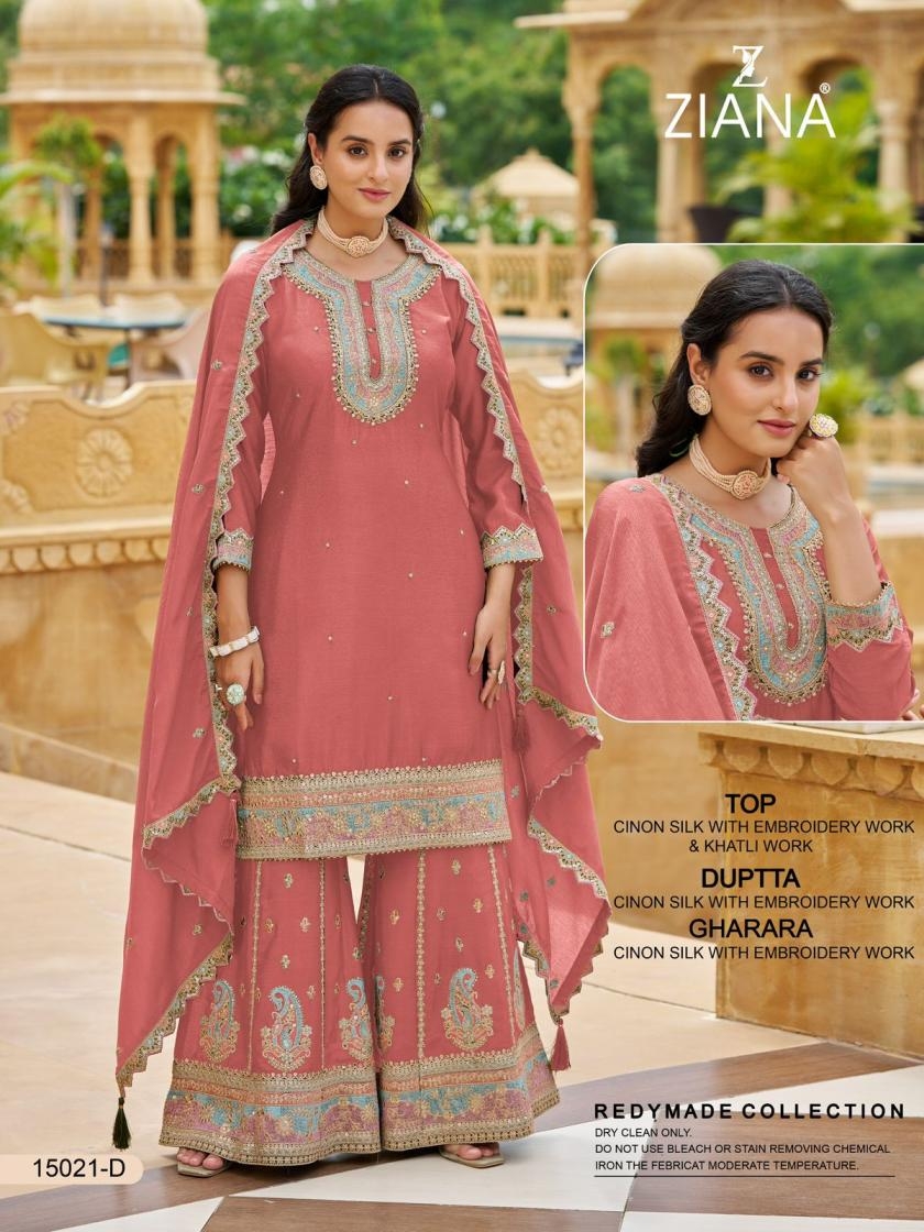  ziana 15021A to D party wear readymade chinon silk combo plazzo suit in wholesale surat