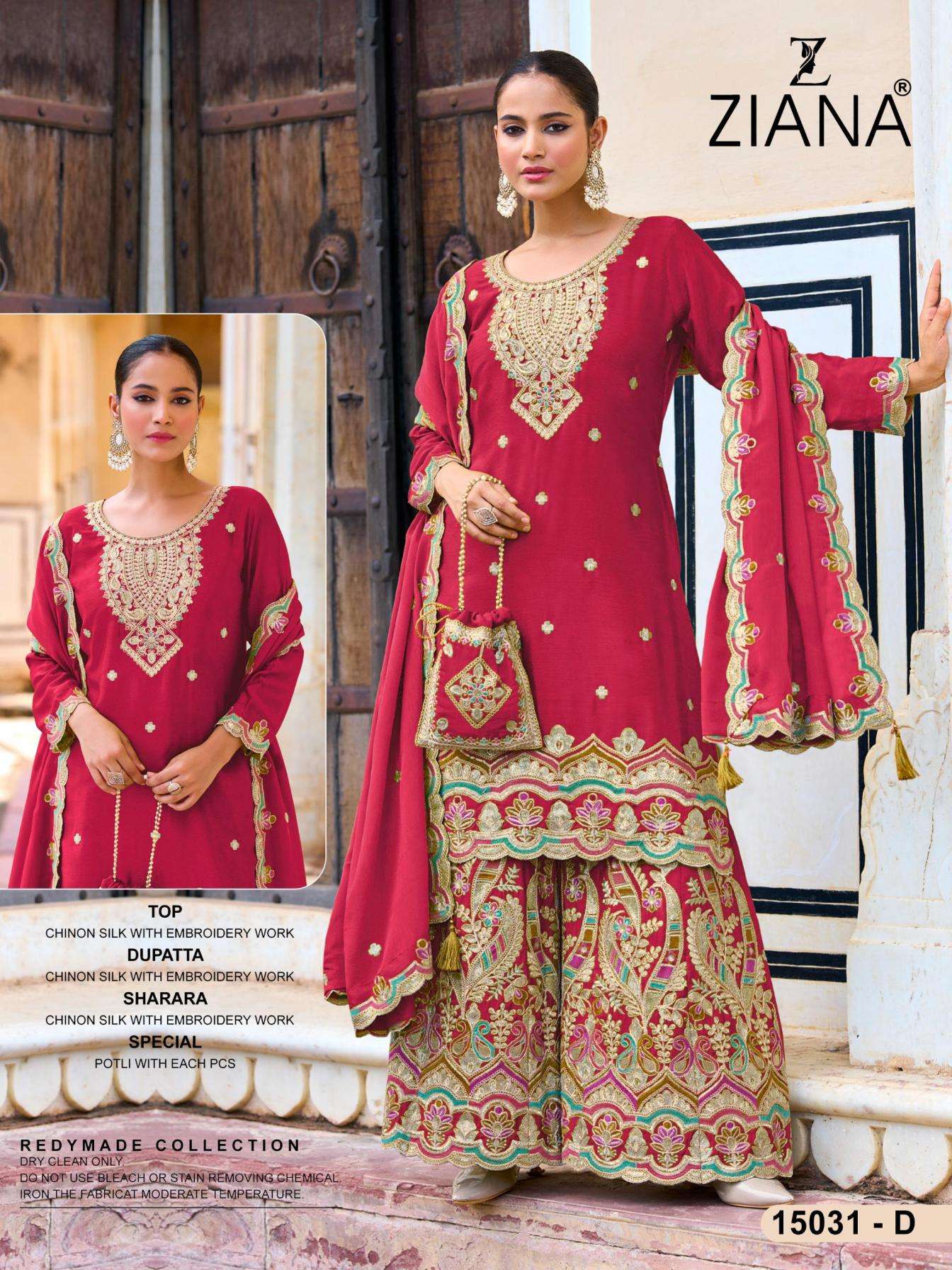 ziana 15031 A to D exclusive chinon silk pakistani readymade plazzo suits in wholesale surat