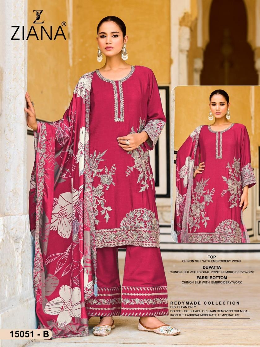 ziana 15061 A to D attractive look chinon silk readymade combo plazzo kurti with dupatta in wholesale surat