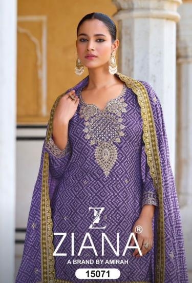 ziana 15071 series 15071A to 15071D pakistani readymade chinon silk kurti gharara and dupatta in wholesale surat
