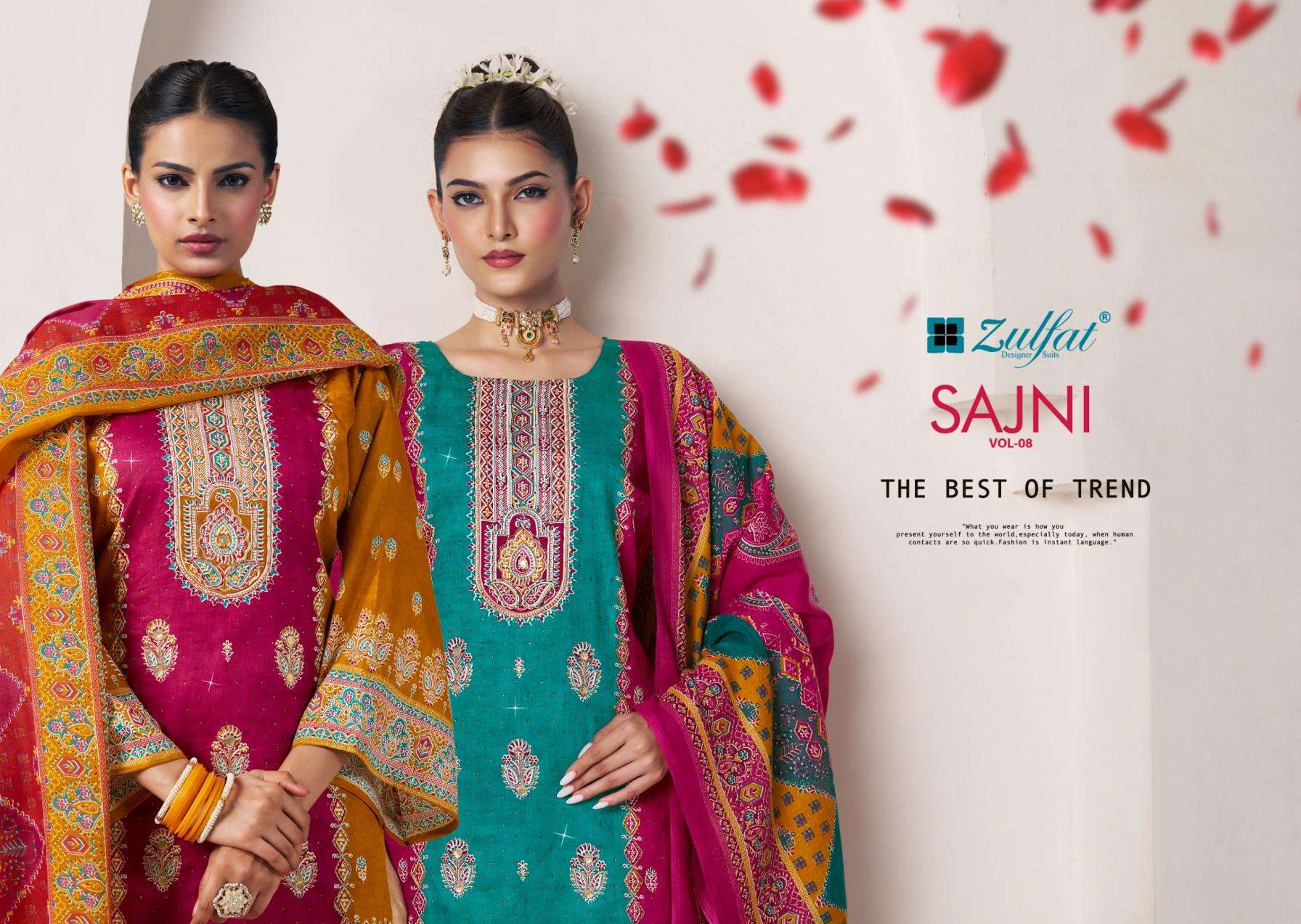 zulfat designer sajni vol 8 series 671001 to 671004 jam cotton readymade big size pakistani 3pcs dress