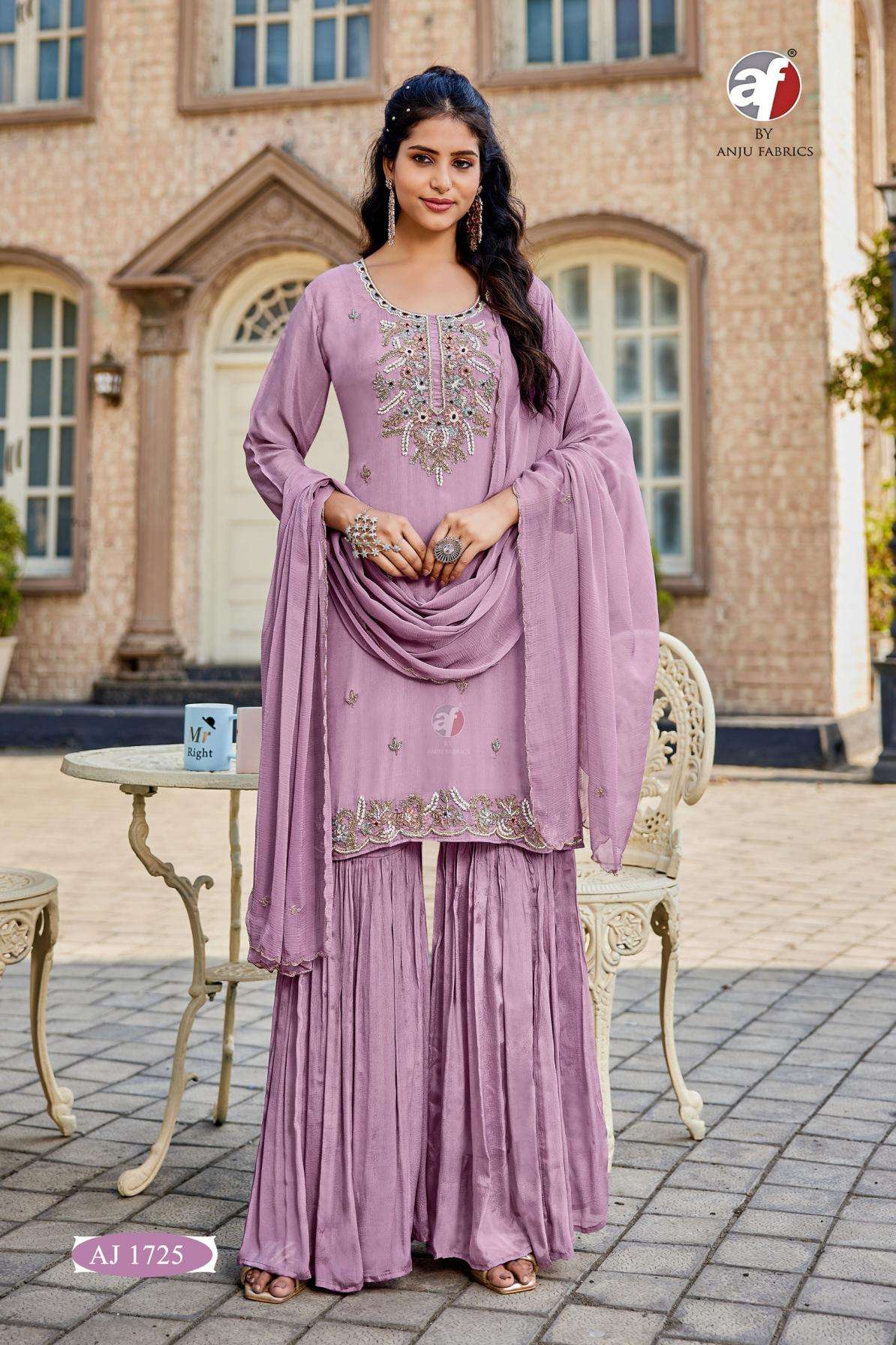 anju fab aj 1725 chinon chiffon combo set readymade short kurti sharara with dupatta in wholesale surat