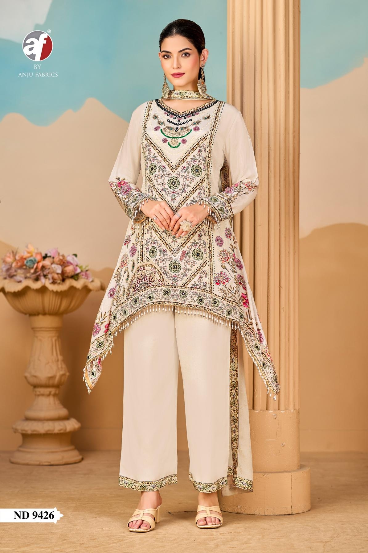 anju fab nd 9426 natural crepe readymade party wear combo suit in wholesale surat
