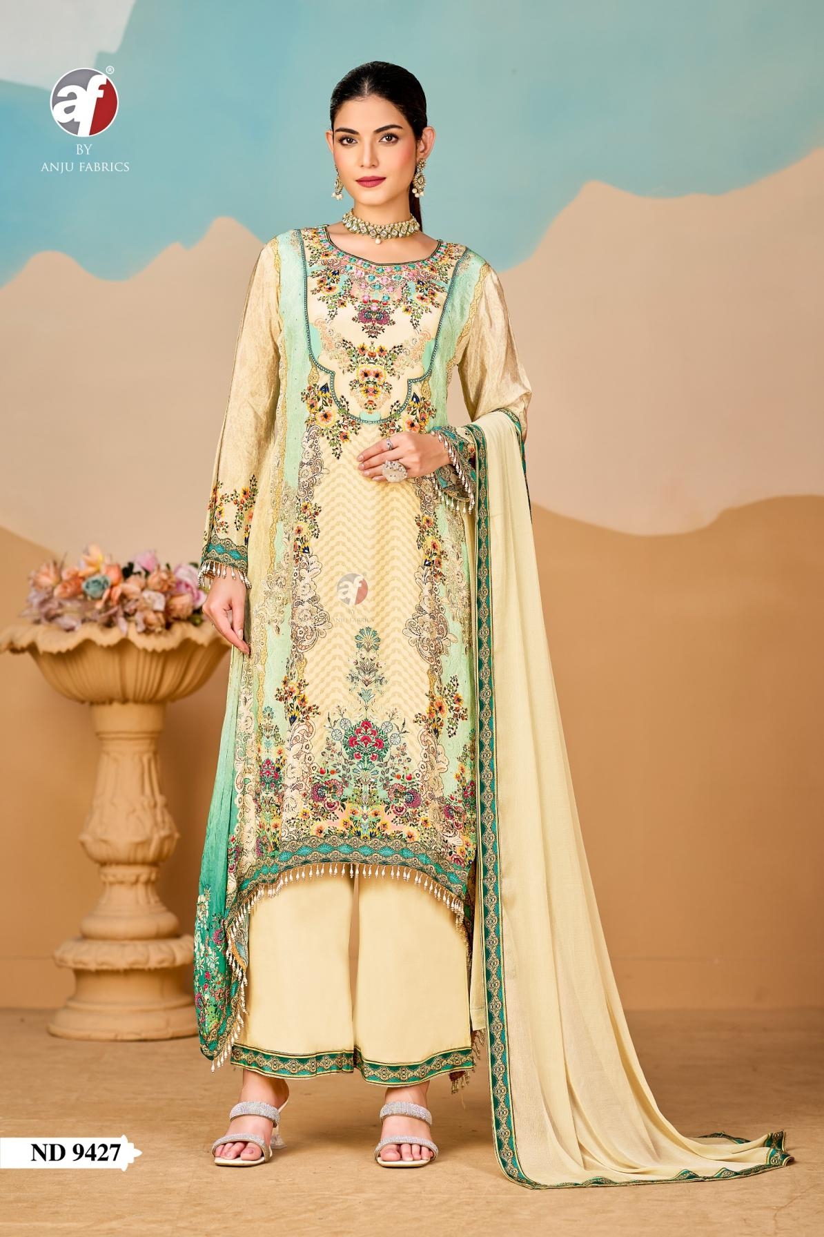 anju fab nd 9427 readymade combo natural crepe tale cut kurti suit in wholesale surat
