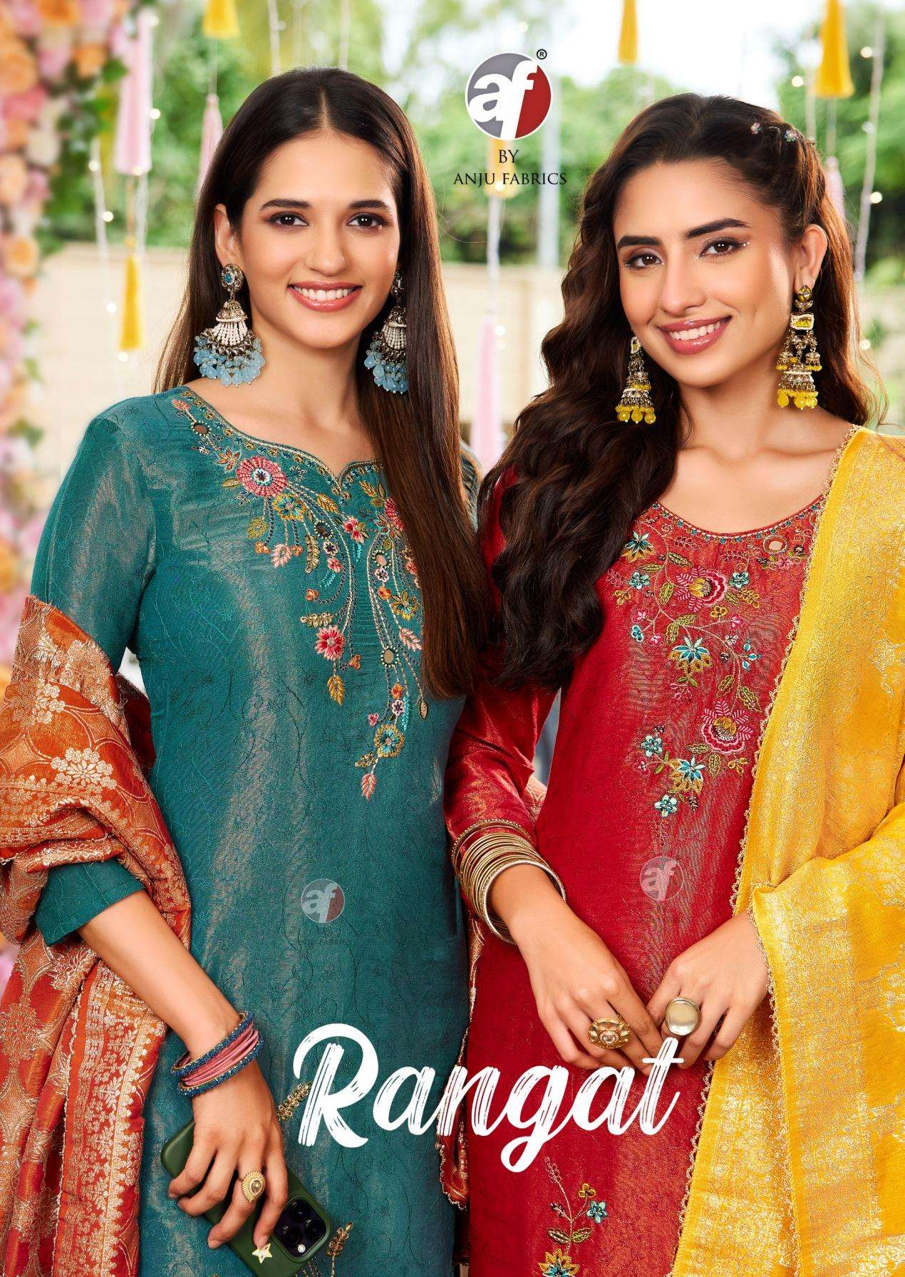 anju fab rangat series 4021 tpo 4026 tissue shimmer readymade pretty look suit in wholesale surat