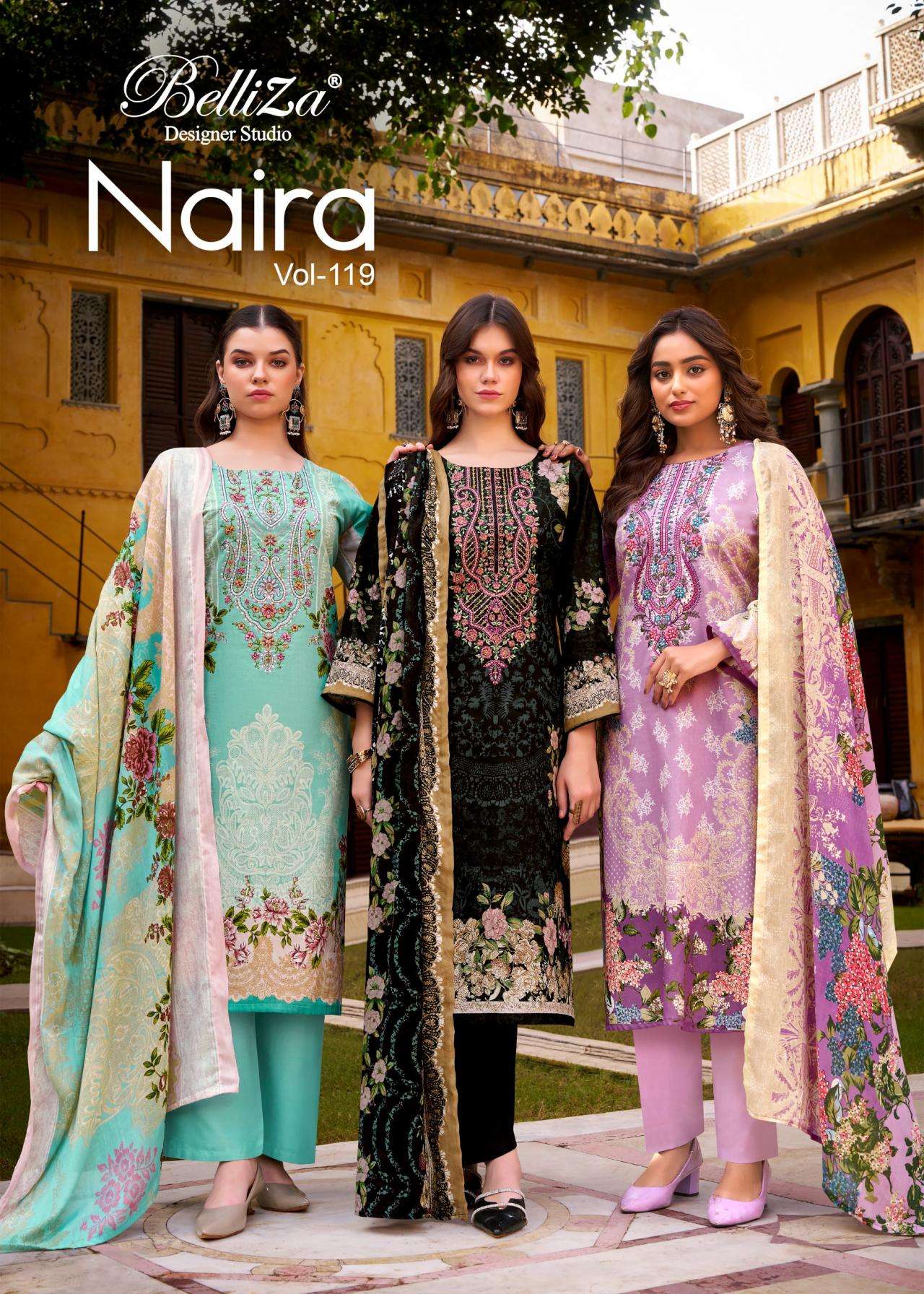 belliza naira vol 119 series 905001 to 905008 readymade big size cotton pakistani suit in wholesale surat