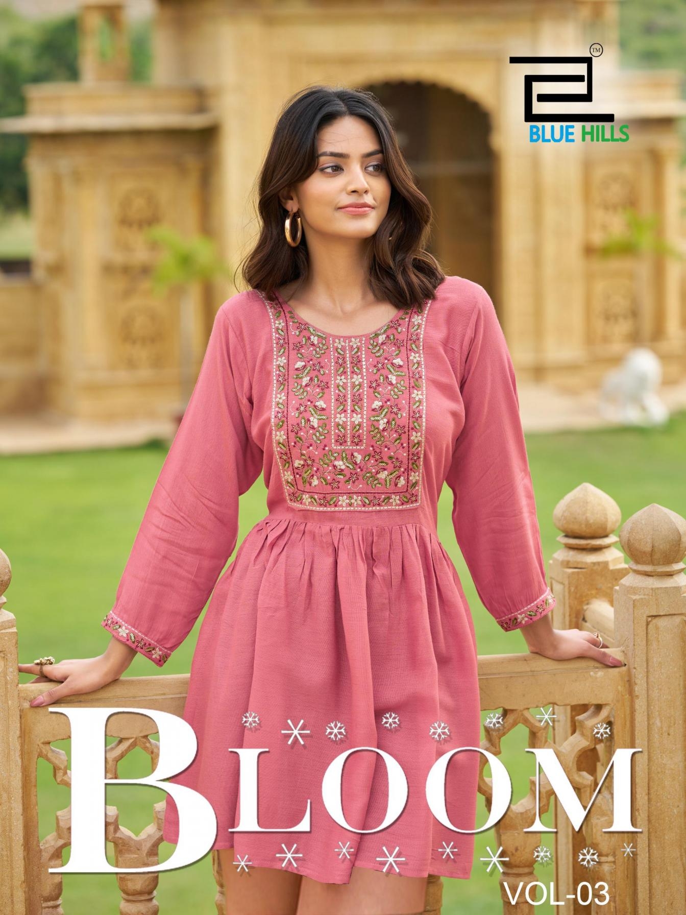 blue hills bloom vol 3 series 3001 to 3004 rayon readymade western tops in wholesale surat