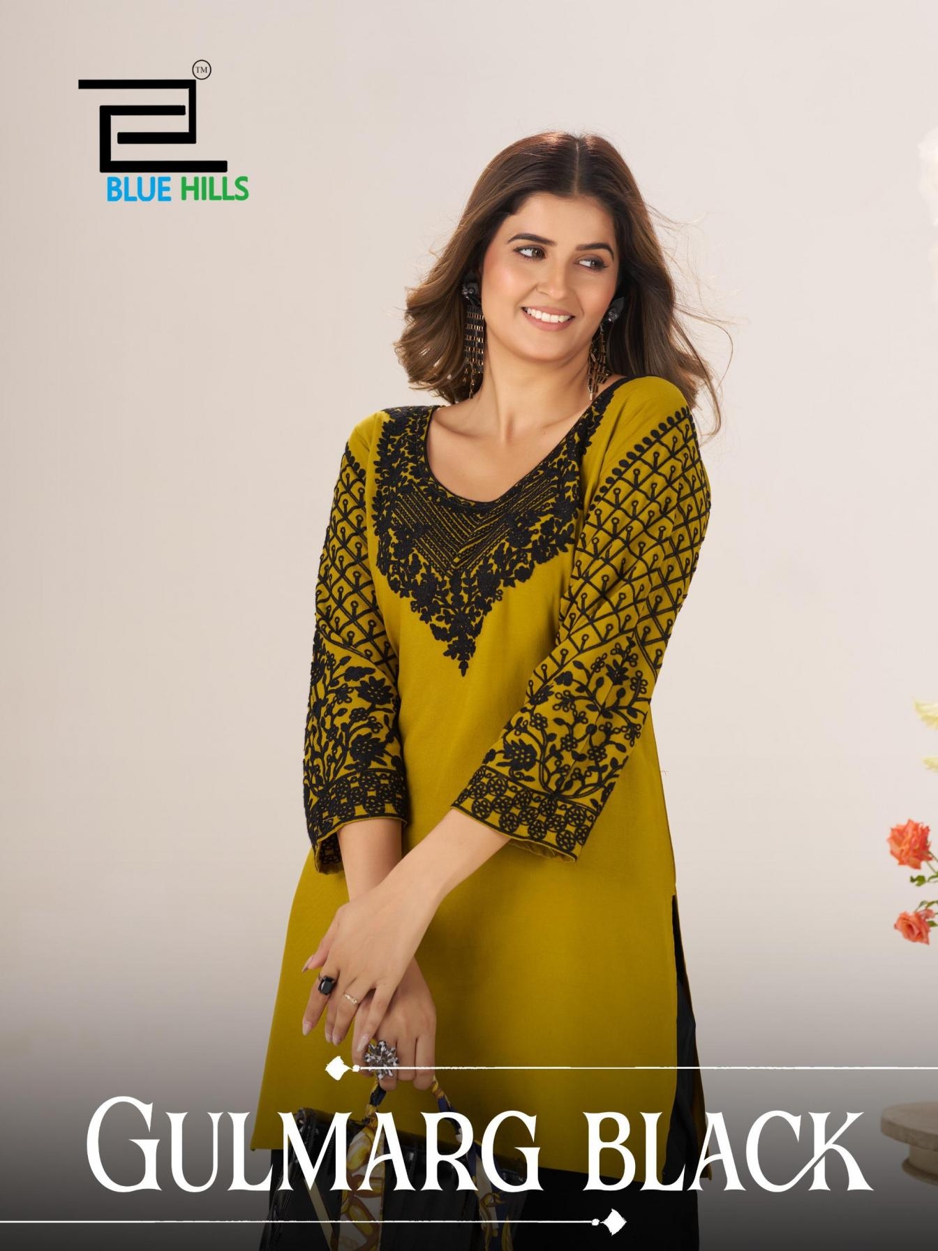 blue hills gulmarg series 1001 to 1004 black rayon readymade stylish big size short kurtis in wholesale surat