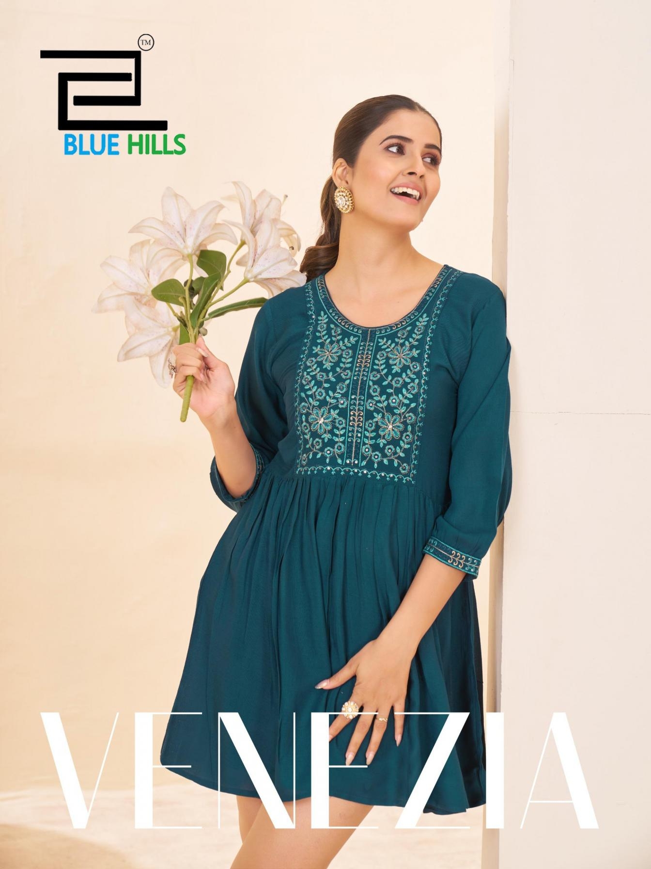 blue hills venezia series 1001 to 1004 rayon rinkle hit design readymade western kurti in wholesale surat