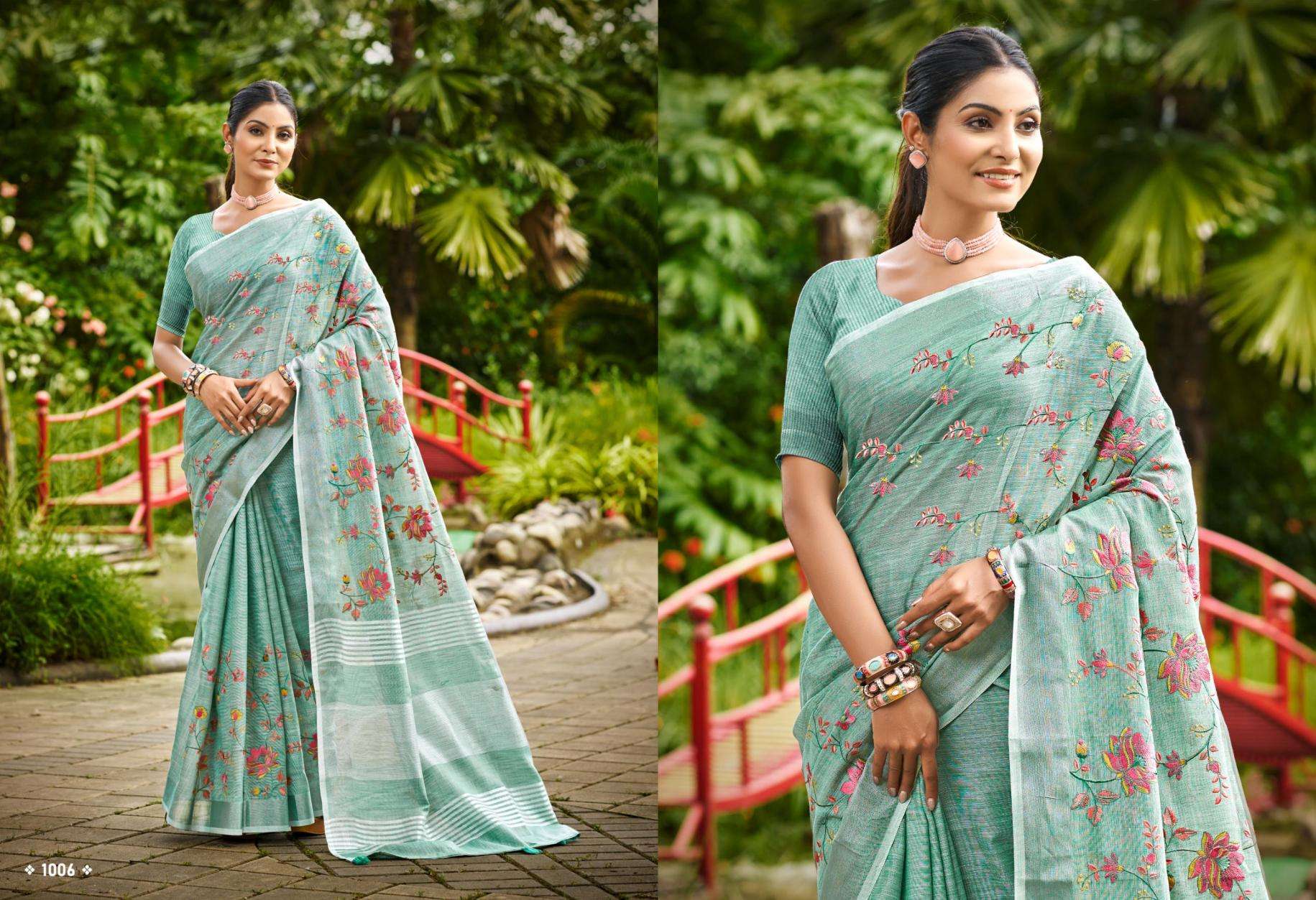 Bunawat Malvika series 1001 to 1006 Sangam Prints Linen Woven Work Traditional Saree in wholesale surat