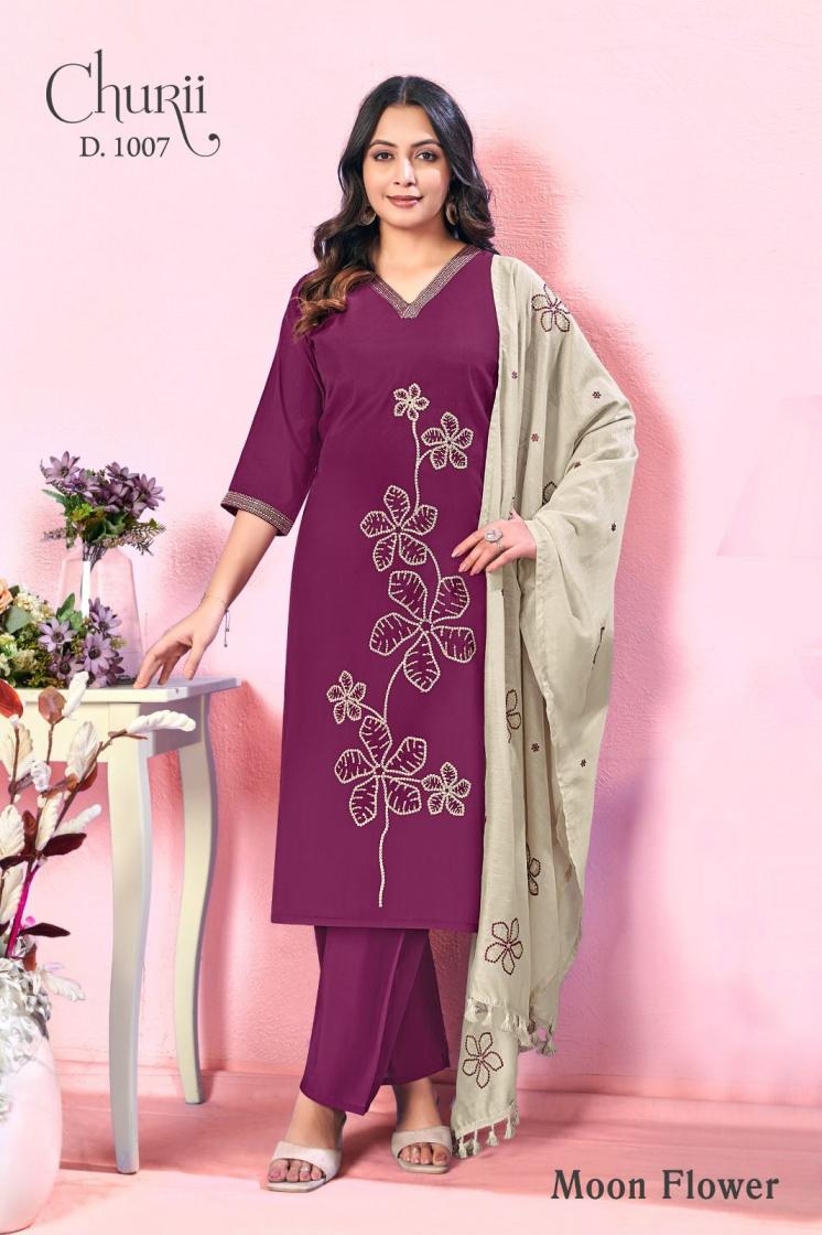churii moon flower series 1001 to 1008 viscose roman silk combo set full stitch salwar kameez in wholesale surat