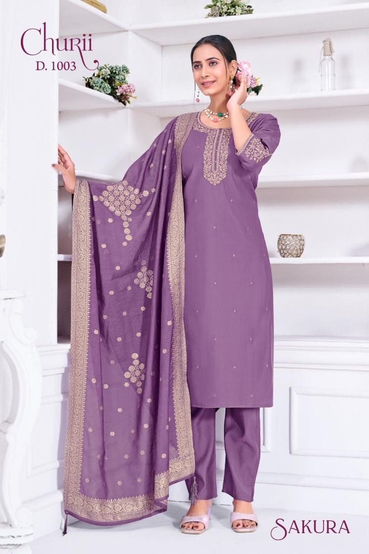 churii sakura series 1001 to 1008 viscose roman silk fully stitch combo set suit in wholesale surat
