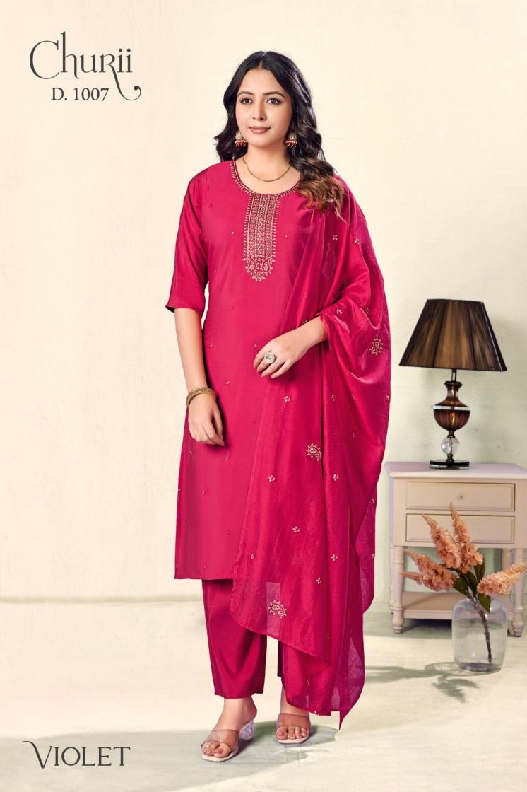 churii violet series 1001 to 1007 viscose roman silk readymade combo salwar kameez in wholesale surat