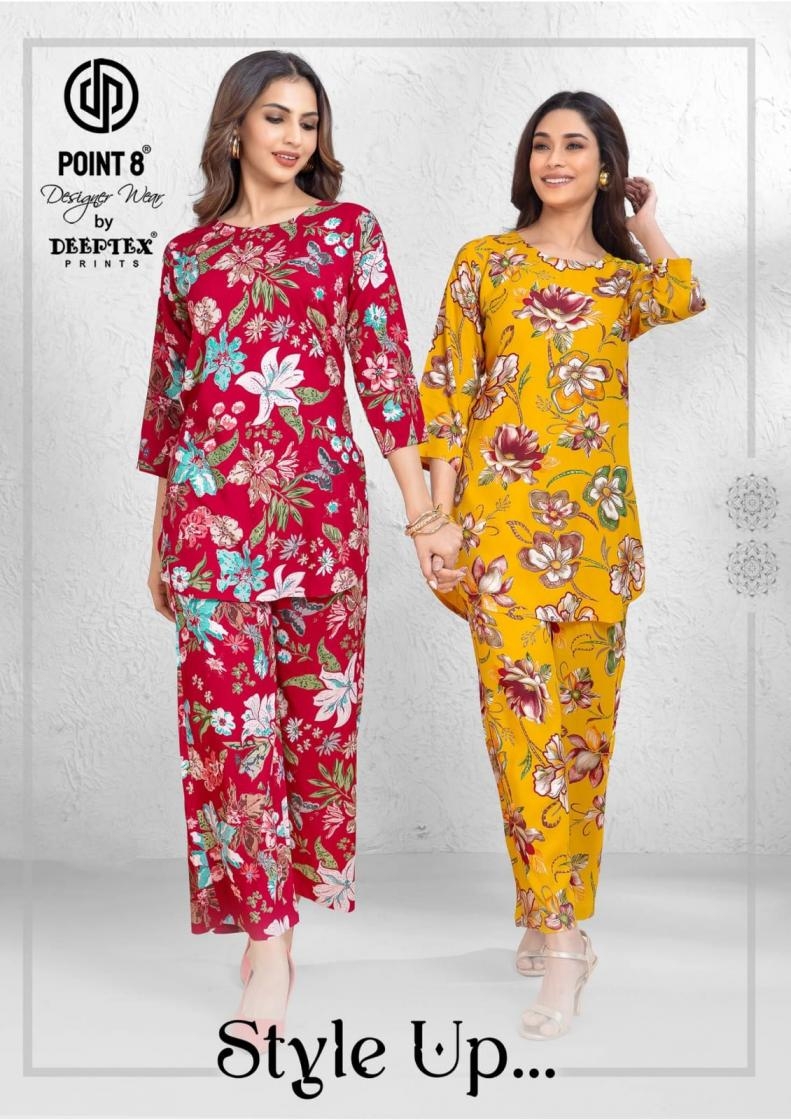 deeptex point 8 style up vol 1 series 1001 to 1008 rayon readymade plus size co-ord sets in wholesale surat
