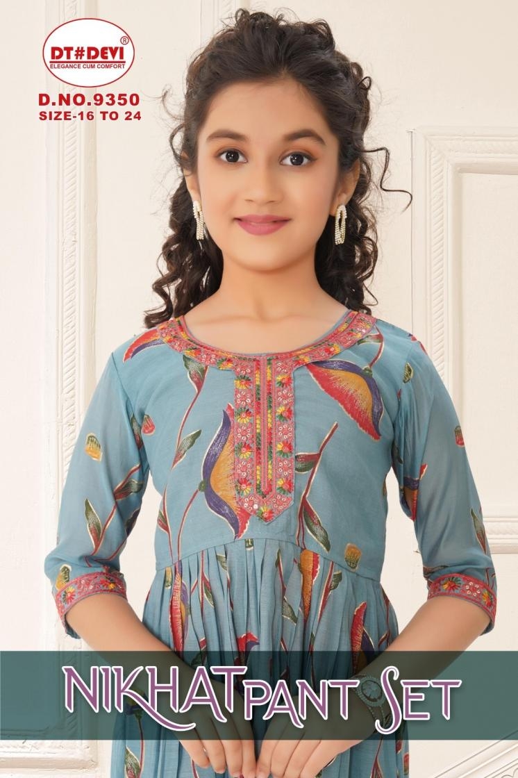 dt devi nikhat 9350 roman shimmer readymade kids combo suit in wholesale surat