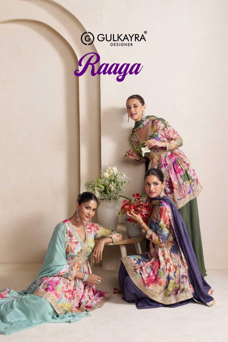 gulkayra designer raaga series 7593 to 7595 readymade unique chinon plazzo suit in wholesale surat