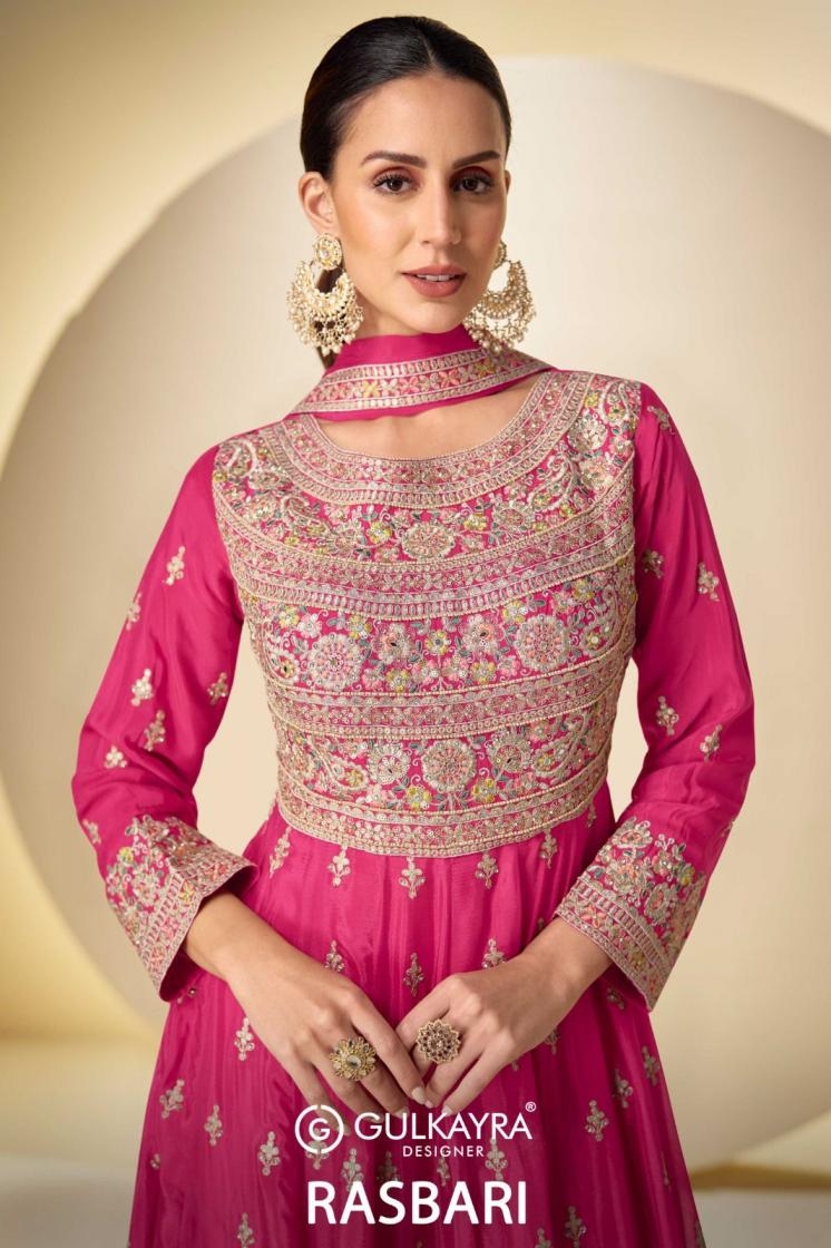 gulkayra designer rasbari series 7626A to 7626C chinon readymade party wear plazzo suits in wholesale surat