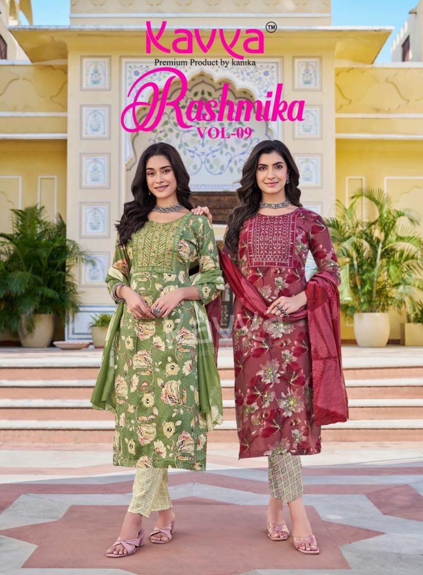 kavya rashmika vol 9 series 9001 to 9010 rayon readymade elegance suit in wholesale surat