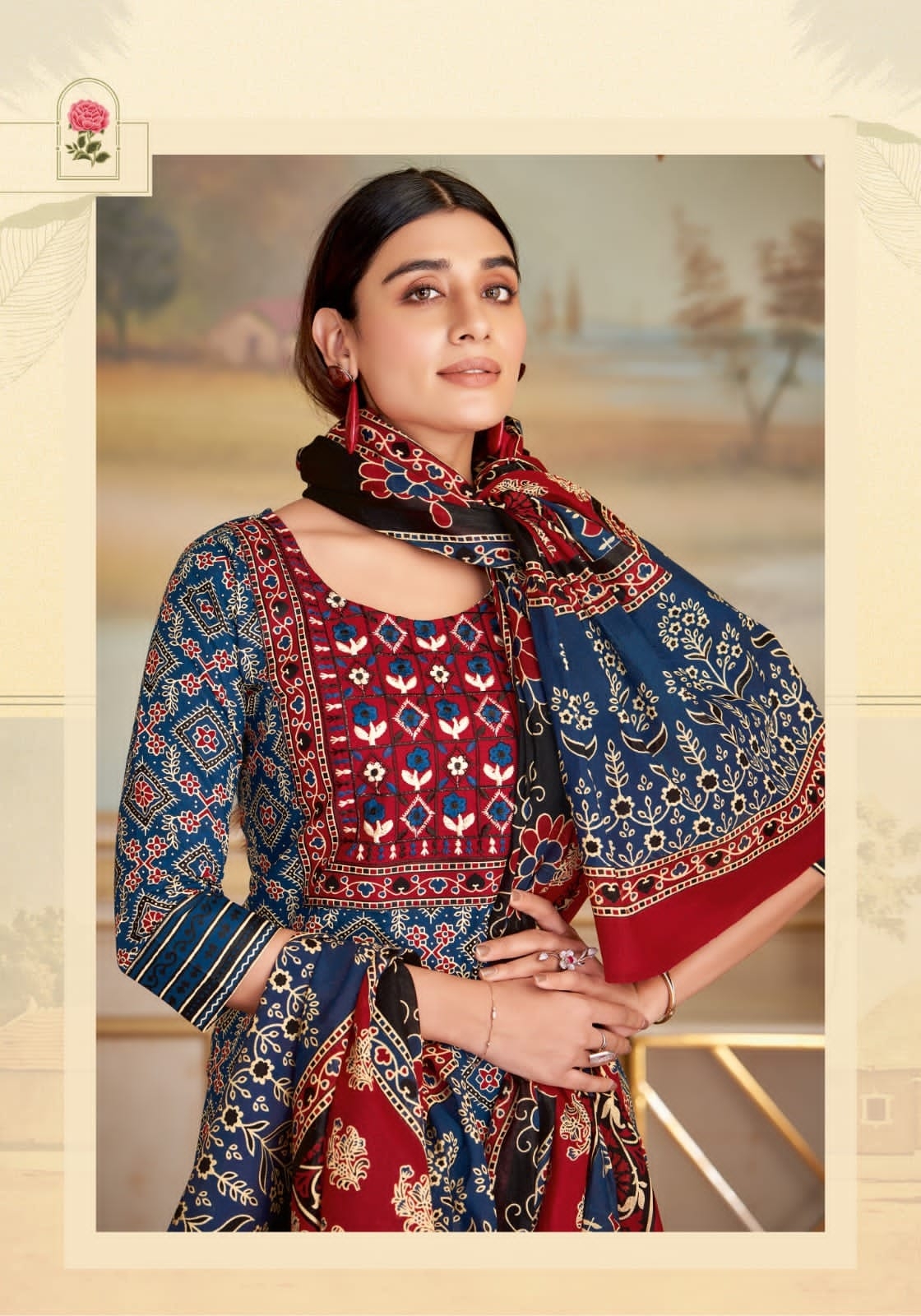 Mayur Ajarakh Vol-9 series 9001 to 9010 Pure Cotton Printed With Neck Embroidery Kurti Pant With Dupatta in wholesale surat