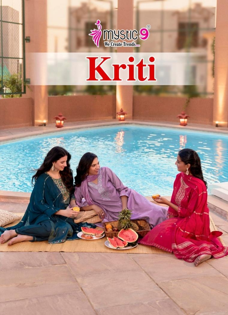mystic9 kriti vol 1 series 1001 to 1008 vertican shimmer dobby readymade fancy suits in wholesale surat