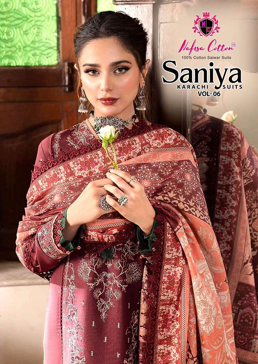 Nafisa Saniya Vol-6 series 6001 to 6006 Soft Cotton Printed Karachi style salwar kameez in wholesale surat