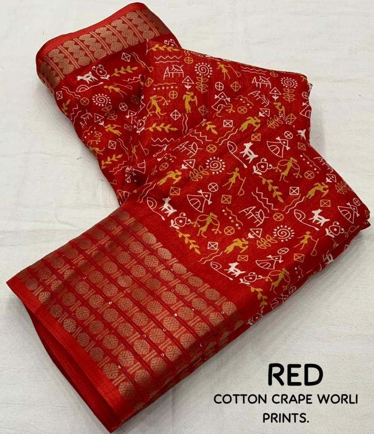 pr jackpot cotton crape worli printed saree in wholesale surat