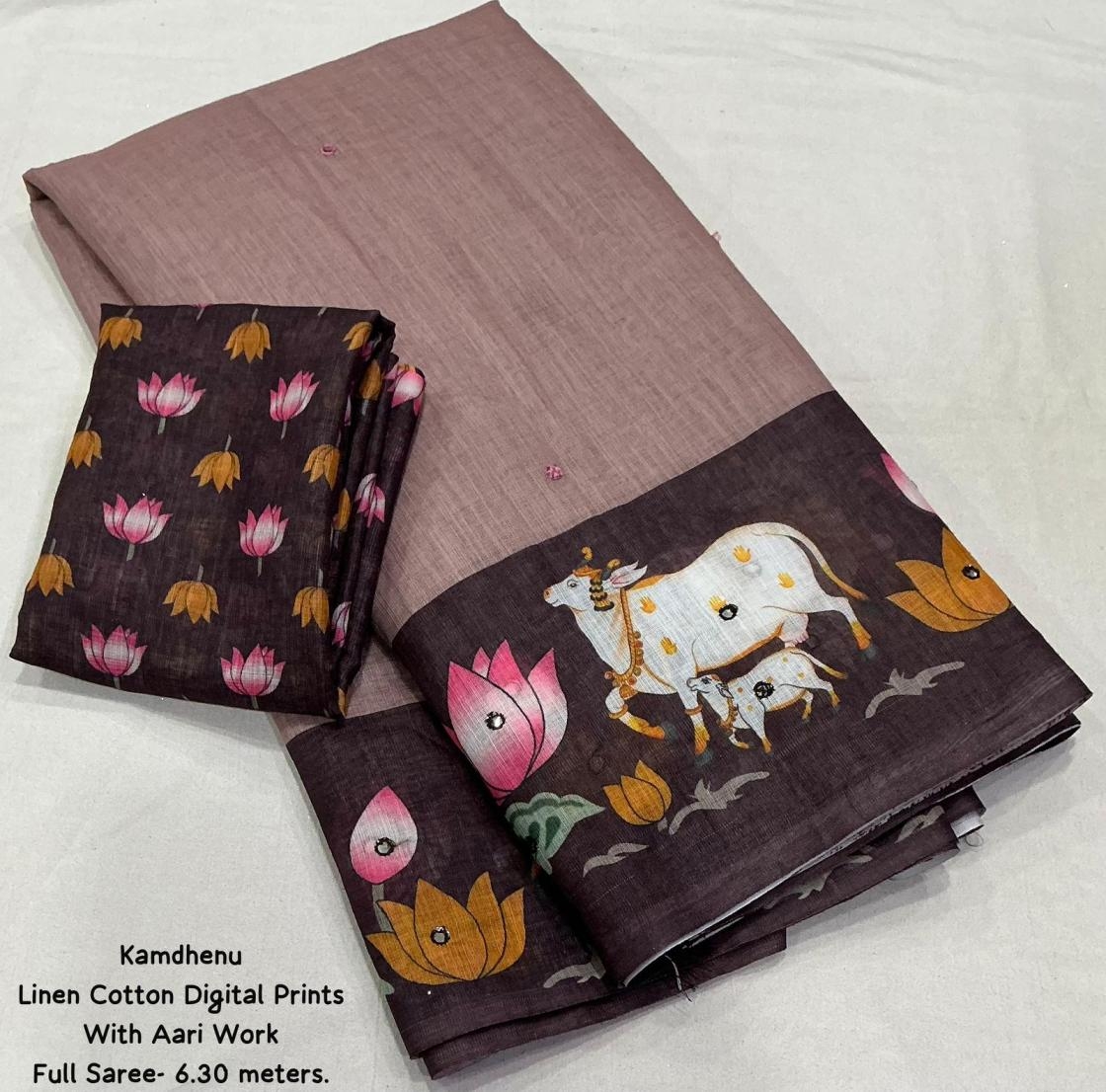 pr kamdhenu linen cotton kalamkari trendy sarees in wholesale surat