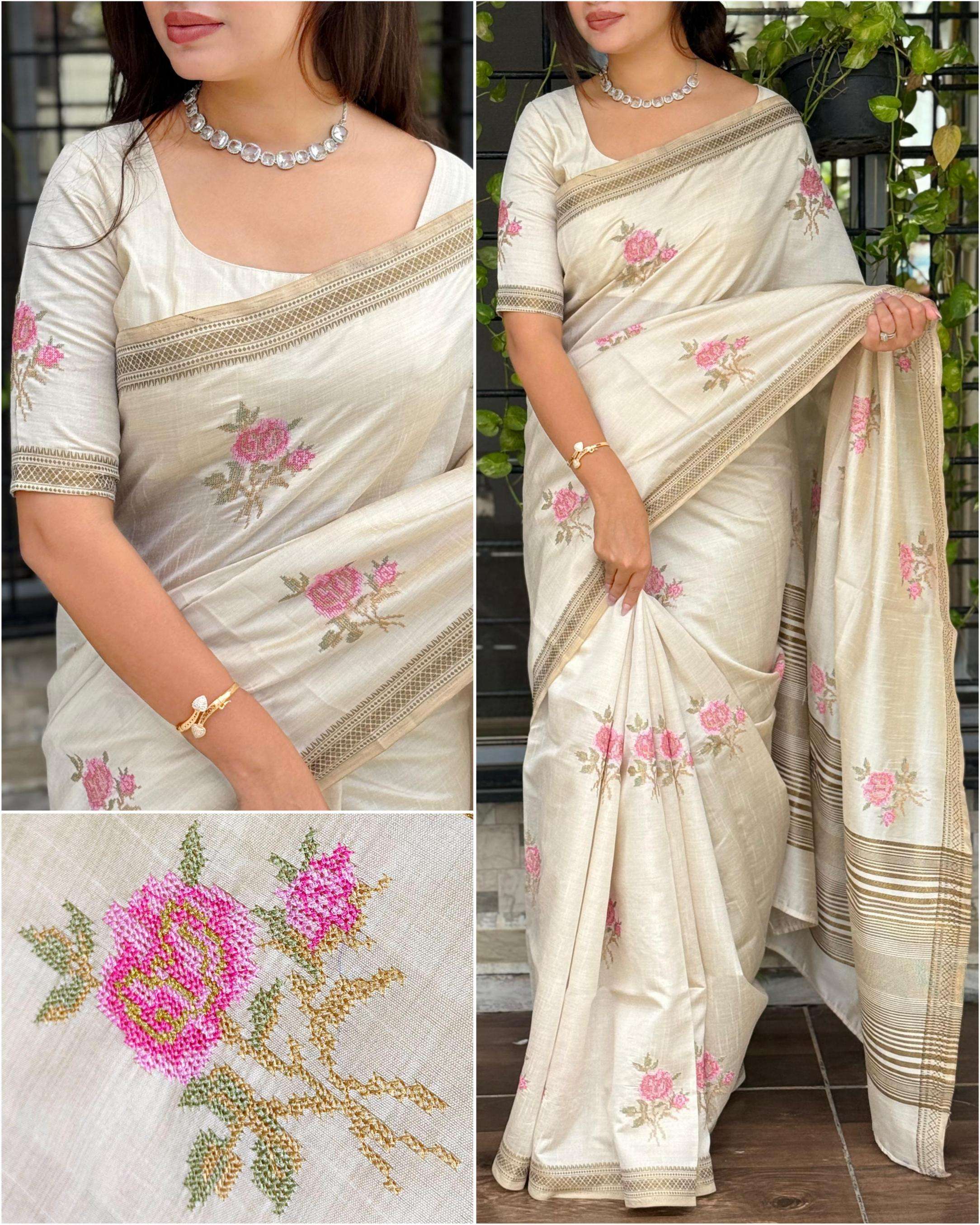 pr samantha tusser silk thread kashmiri style stunning sarees in wholesale surat