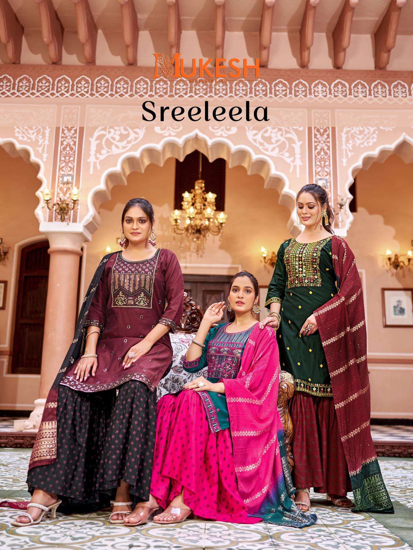 pr sree leela series 1001 to 1008 gadhwal silk readymade big size stylish sharara kurti with dupatta in wholesale surat