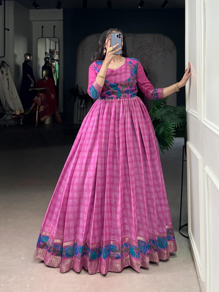 pr ynf5034 polyester viscose chanderi full stitch gown with koti in wholesale surat
