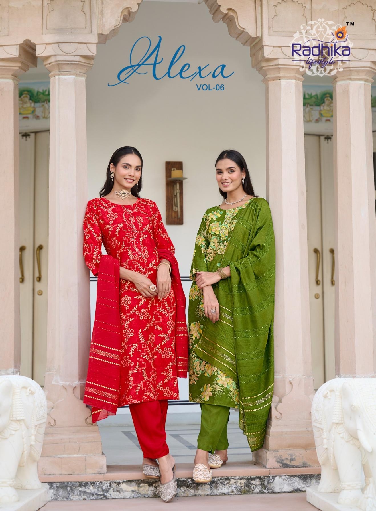 radhika lifestyle alexa vol 6 series 6001 to 6006 vertican silk readymade big size suit in wholeslae surat