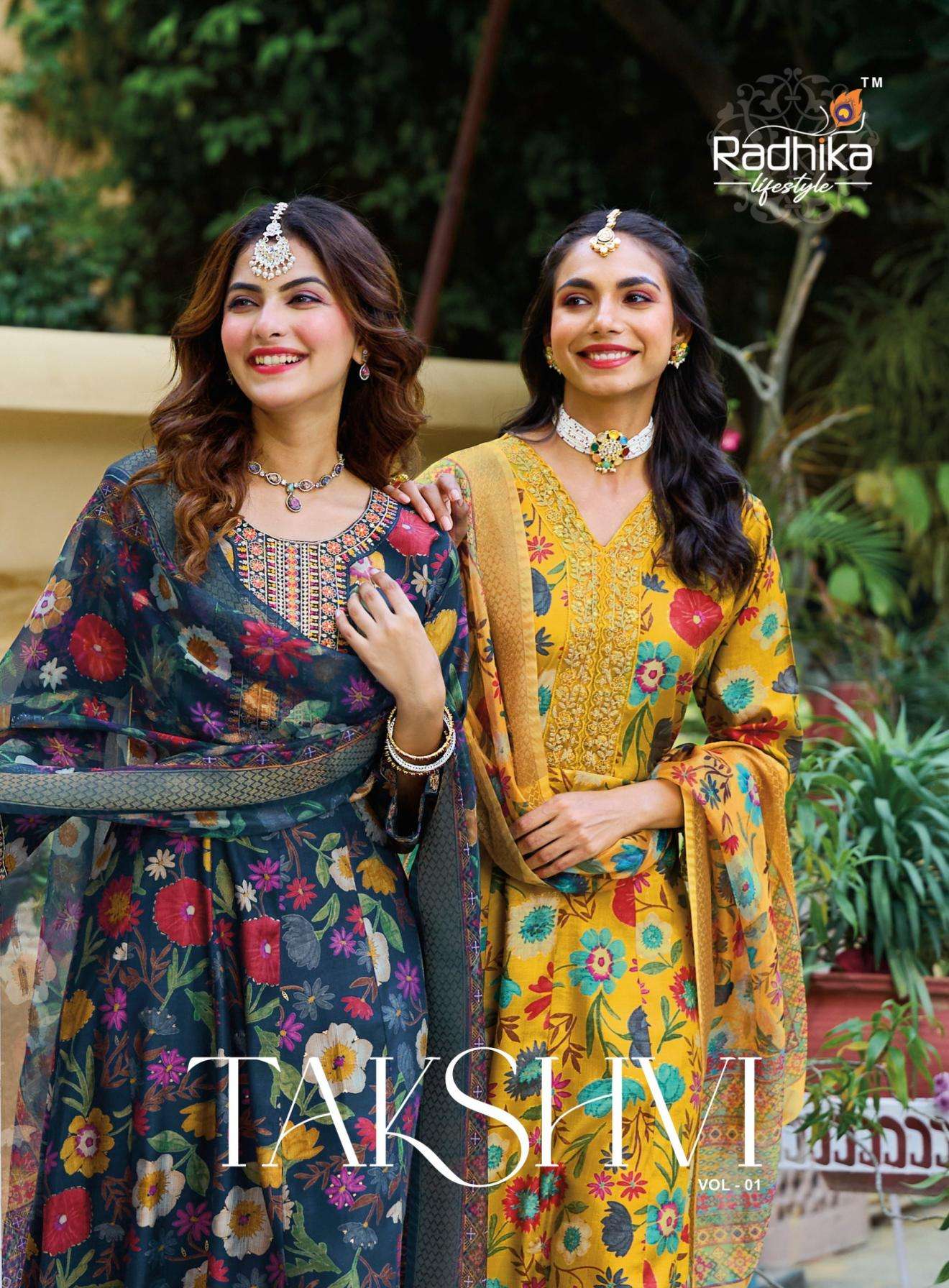 radhika lifestyle takshvi vol 1 series 1001 to 1006 vertican readymade stylish plus size suit in wholesale surat