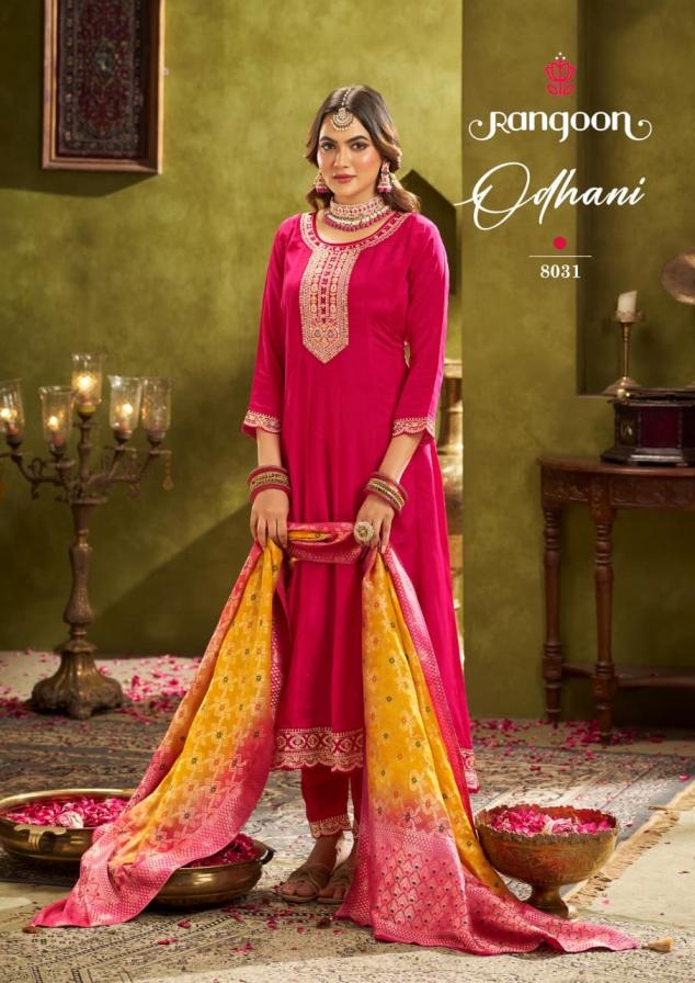 rangoon odhani series 8031 to 8034 chinon silk anarkali style readymade classic suit in wholesale surat