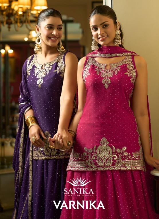 sanika fashion varnika series 1001 to 1004 georgette silk readymade party wear plazzo suits in wholesale surat