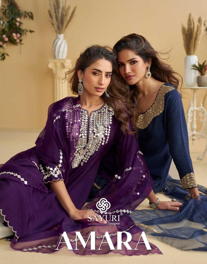 sayuri designer amara series 10121 to 10125 silk readymade exclusive plazzo style suits in wholesale surat