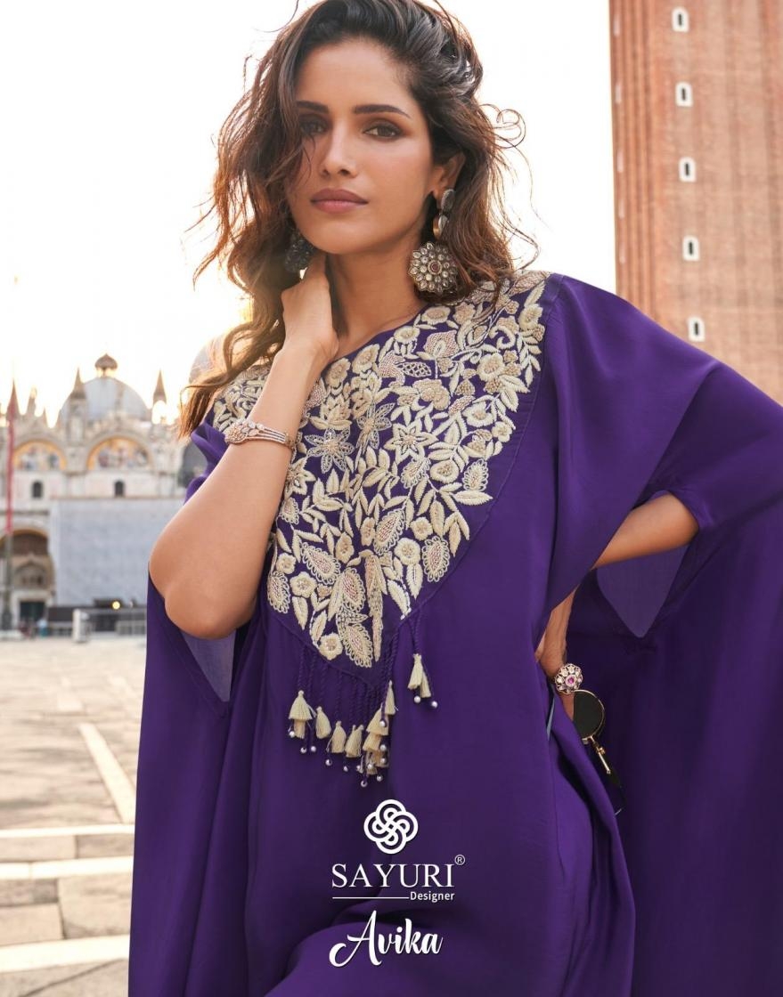 sayuri designer avika series 10116 to 10118 readymade crape silk exclusive kurti with plazzo in wholesale surat