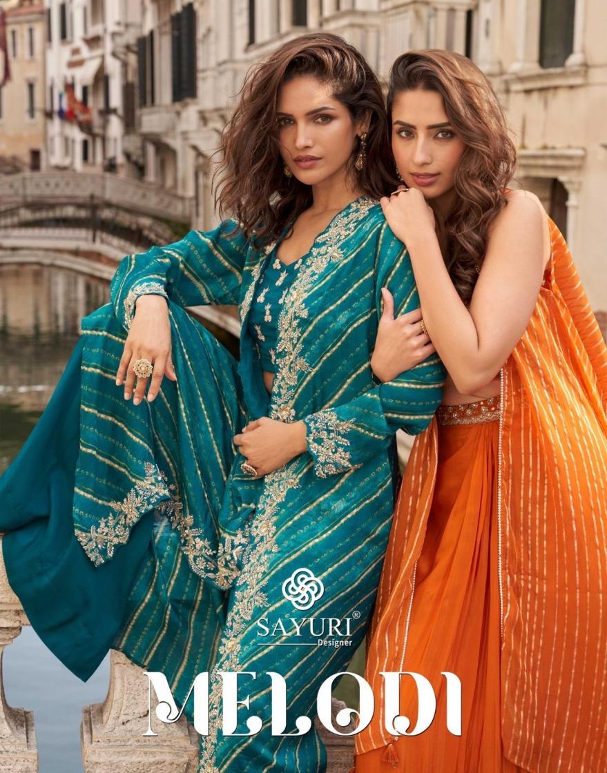 sayuri designer melodi series 10100 to 10104 chinon silk fully stitch kurti plazzo & shrug in wholesale surat