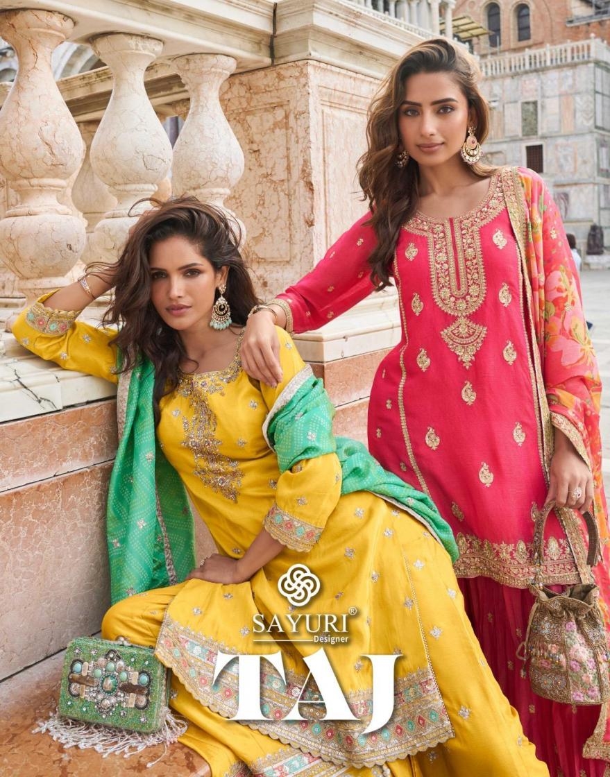 sayuri designer taj series 10032 to 10035 simar silk readymade exclusive sharara kurti dupatta in wholesale surat