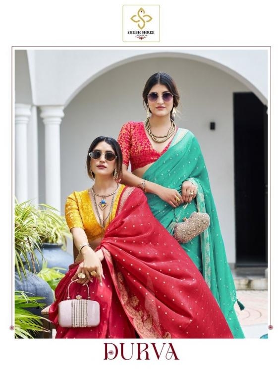 shubh shree creation durva series 1001 to 1010 pretty look alfino chiffon jacquard sarees in wholesale surat