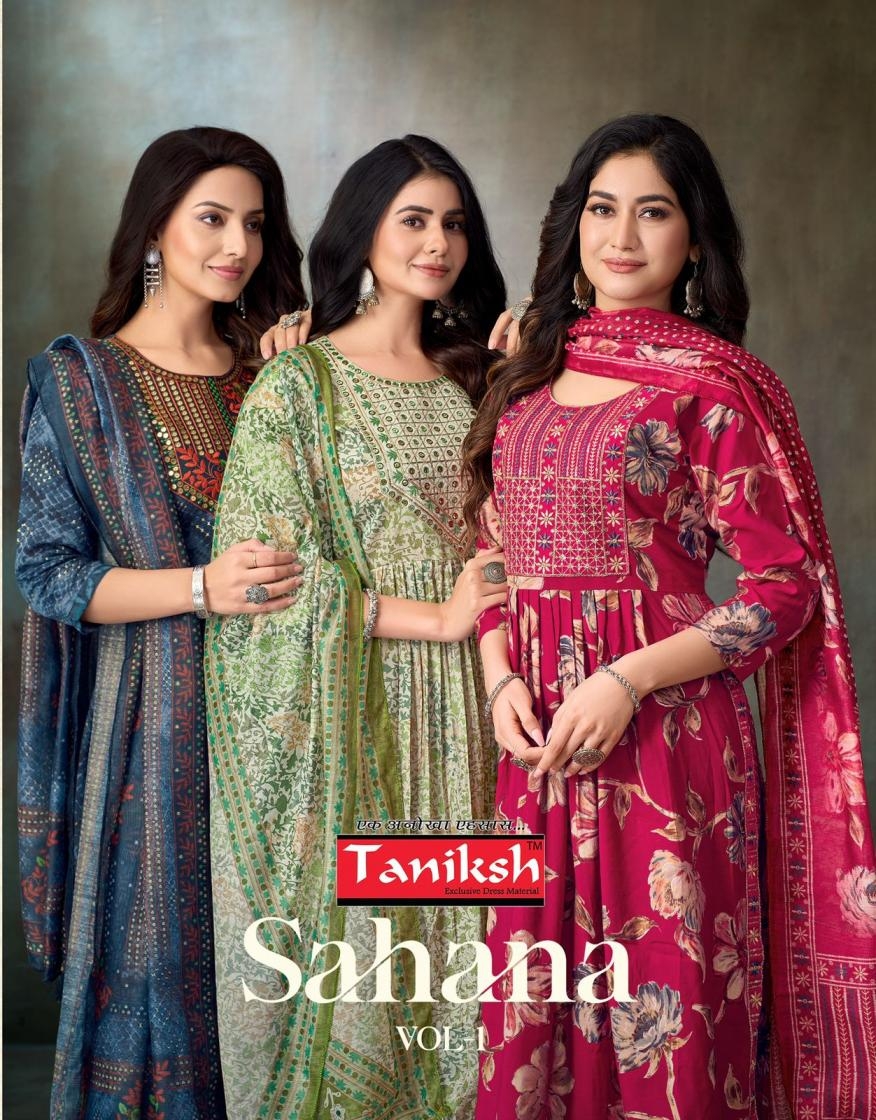 taniksh sahana vol 1series 1001 to 1006 muslin print readymade suit in wholesale surat