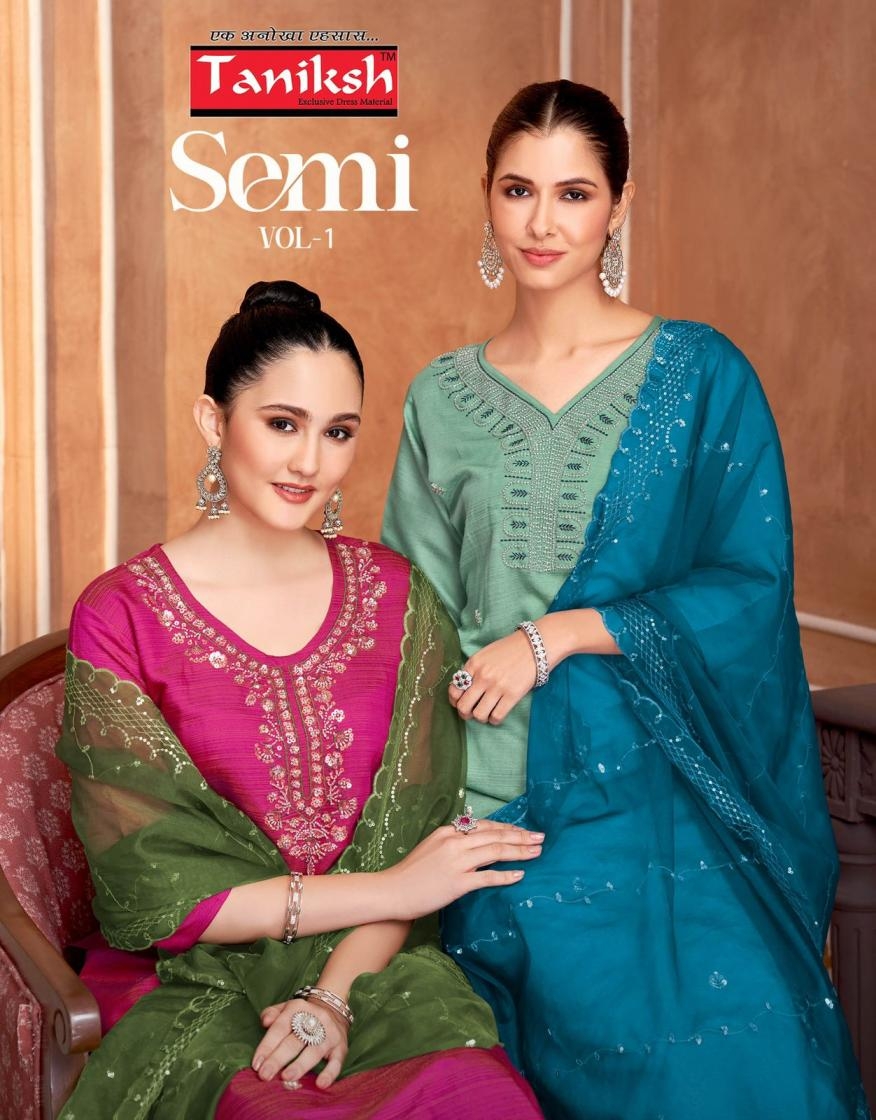 taniksh semi vol 1 series 1001 to 1008 vertican simmer readymade classic suit in wholesale surat