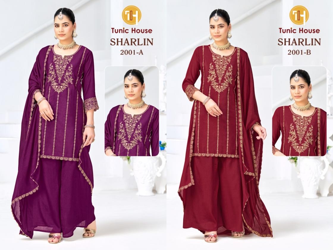 TUNIC HOUSE SHARLIN SERIES 2001 A TO 2002 B DESIGNER PLAZZO FANCY 3PCS SET COLLECTION IN WHOLESALE SURAT