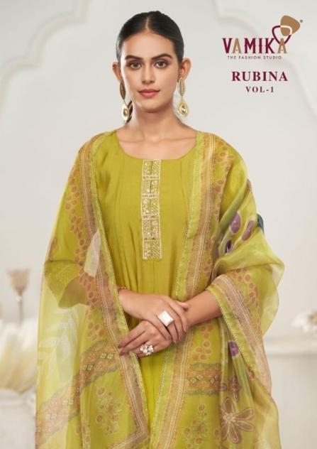 vamika rubina vol 1 series 602A To 602D viscose roman silk party wear full stitch suit in wholesale surat