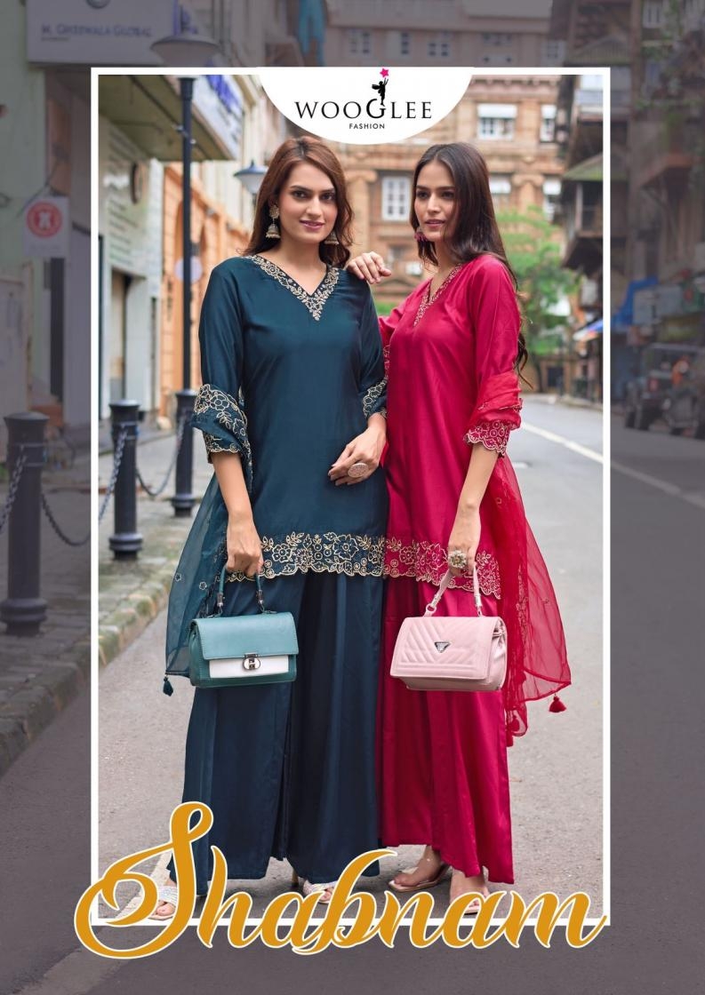 wooglee shabnam series 2001 to 2004 gajji silk readymade stylish plazzo suits in wholesale surat