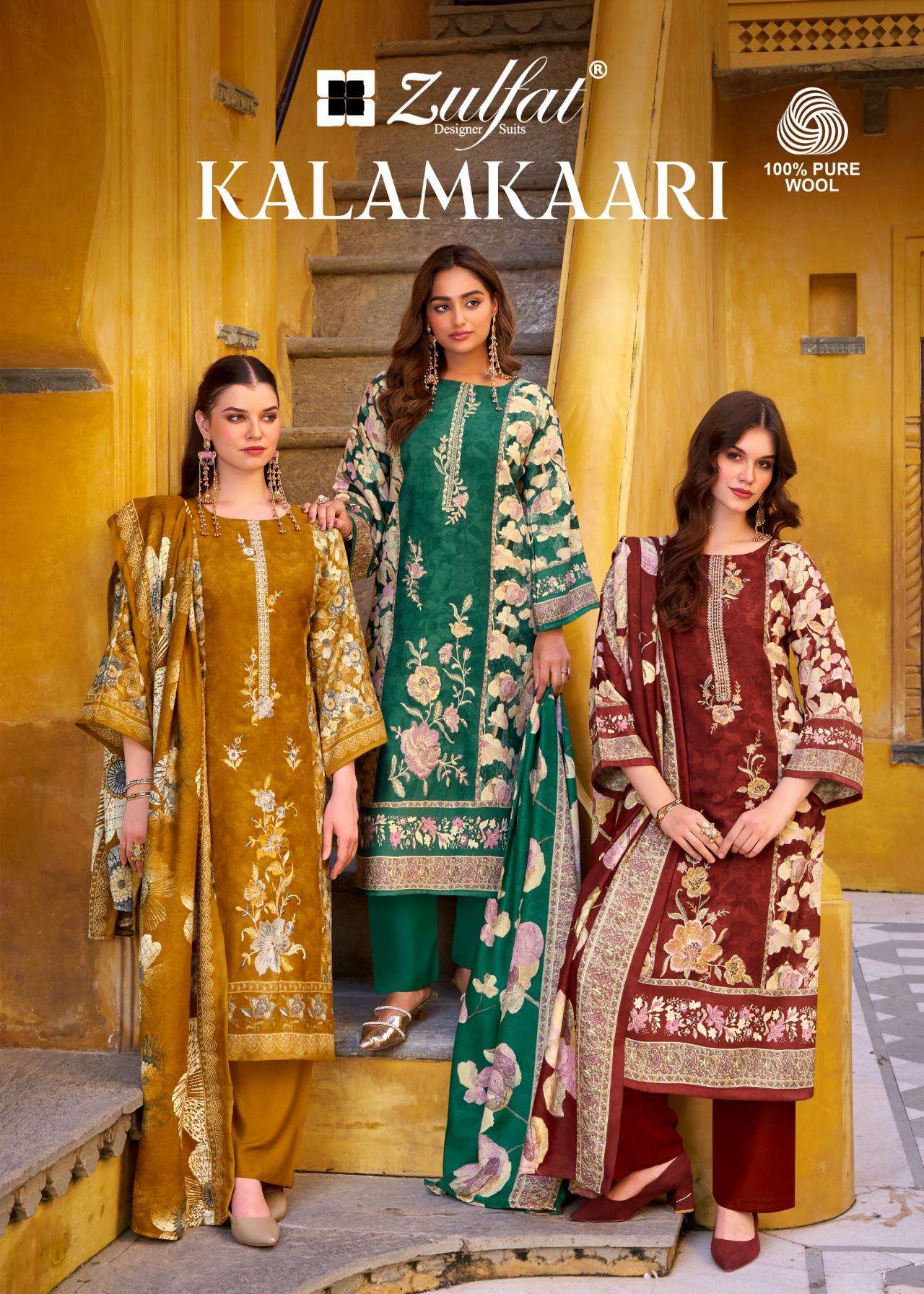 zulfat kalamkaari series 686001 to 686006 woollen pashmina readymade big size suit in wholesale surat
