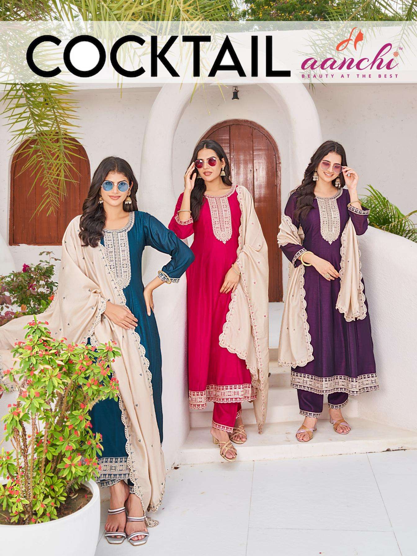 aanchi cocktail hit design vichitra silk full stitch suit in wholesale surat