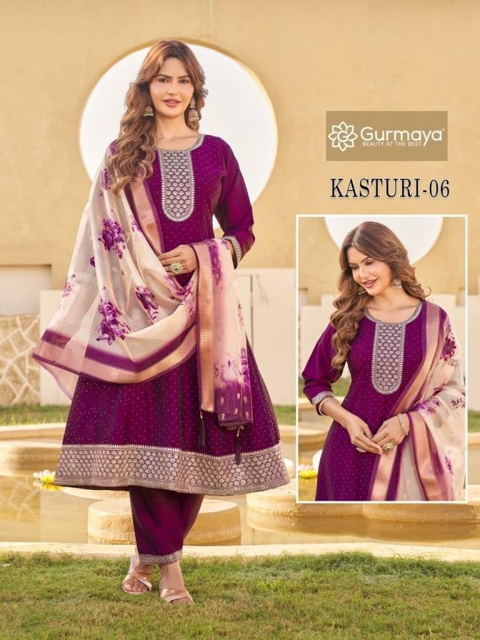 aanchi gurmaya kasturi series 01 to 06 crystal silk fully stitch fancy combo suit in wholesale surat