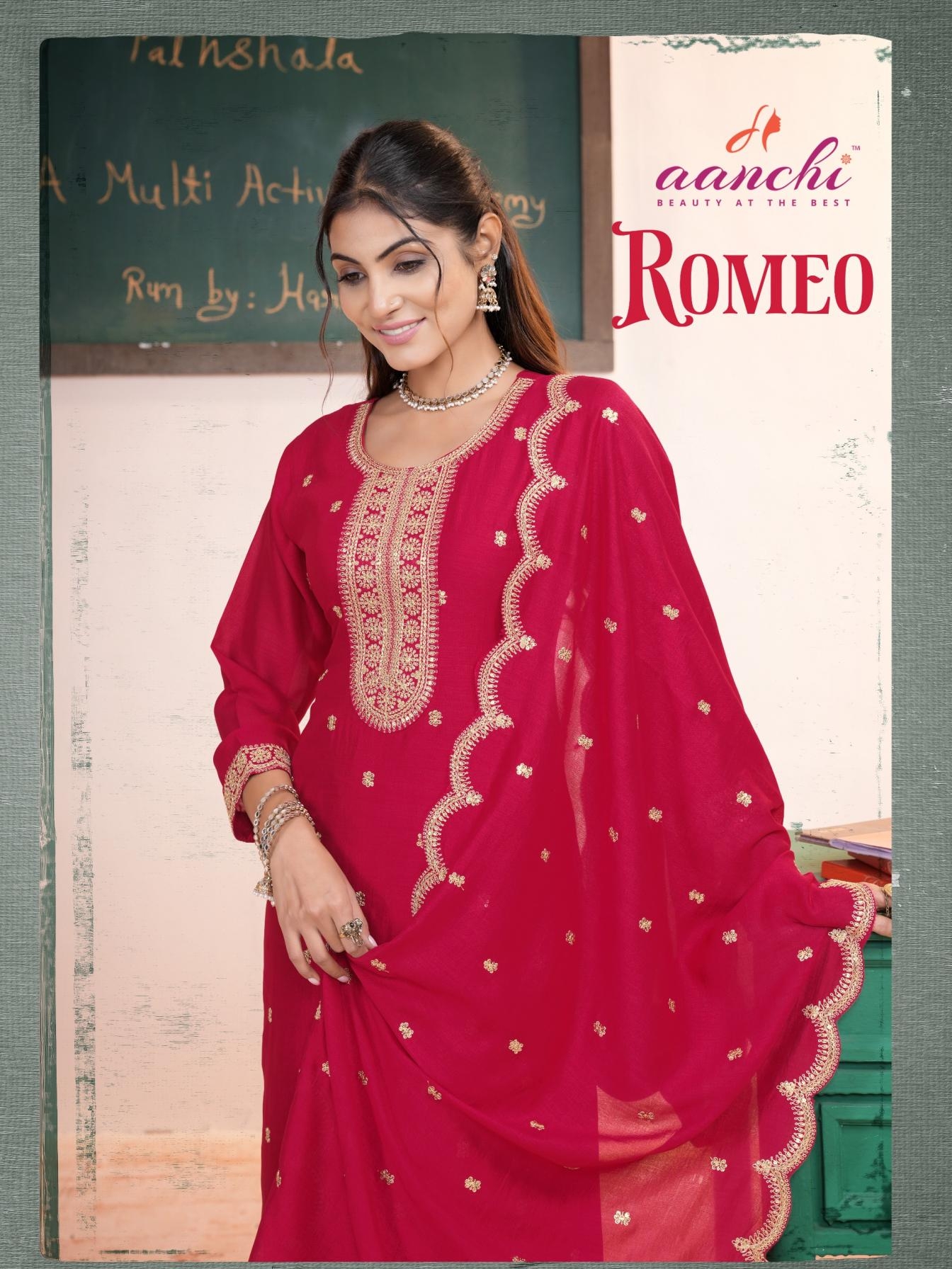 aanchi launch romeo series 1001 to 1004 vichitra silk fully stitch pretty suit in wholesale surat